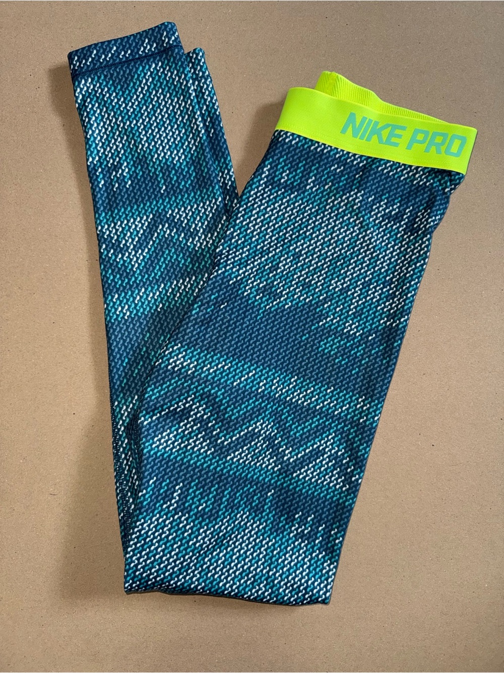 Nike Pro Dri-FIT Leggings Size Small Blue Print Volt Waistband Compression Y2K